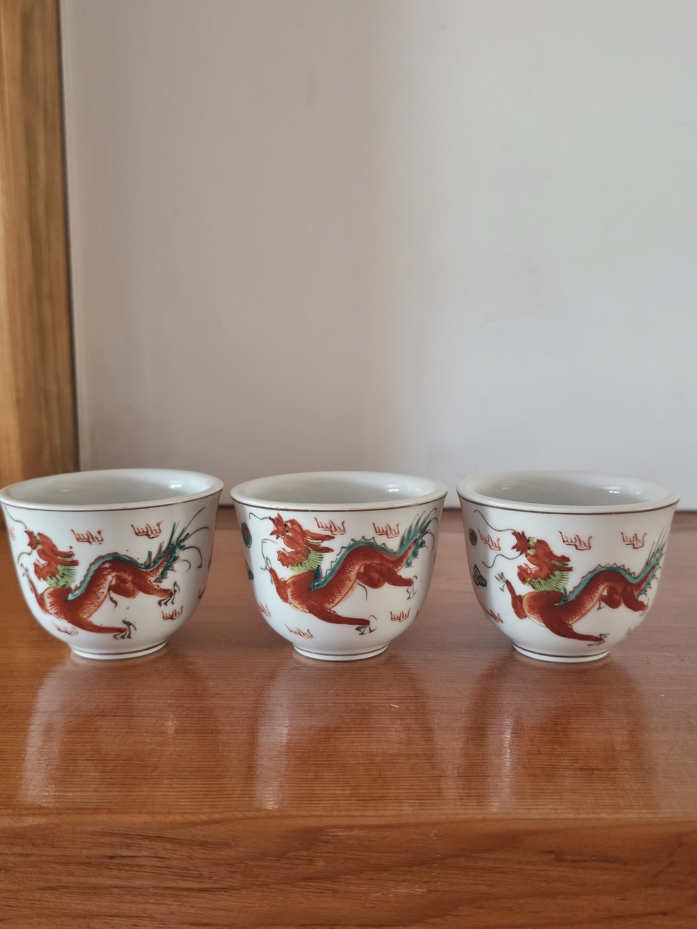 Porcelain Dragon Tea Cups - Red & Green Dragon Motif (Set of 3)